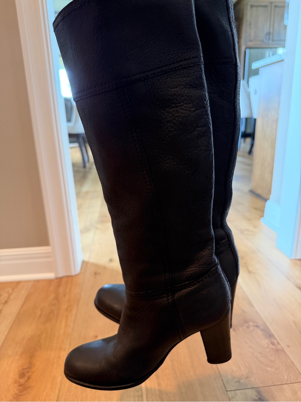 Prada Black Leather Knee-High Block Heel Boots with Gold Logo - Picture 8 of 11